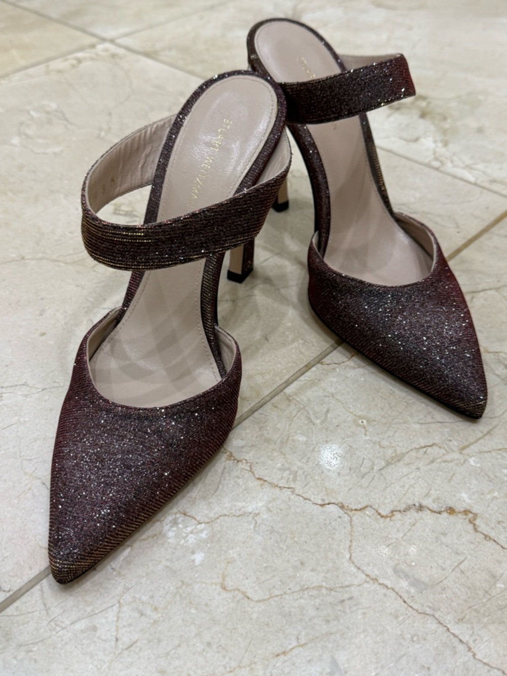 Pointed-Toe Women's Heels in Dark Burgundy ombre gold with silver shimmer